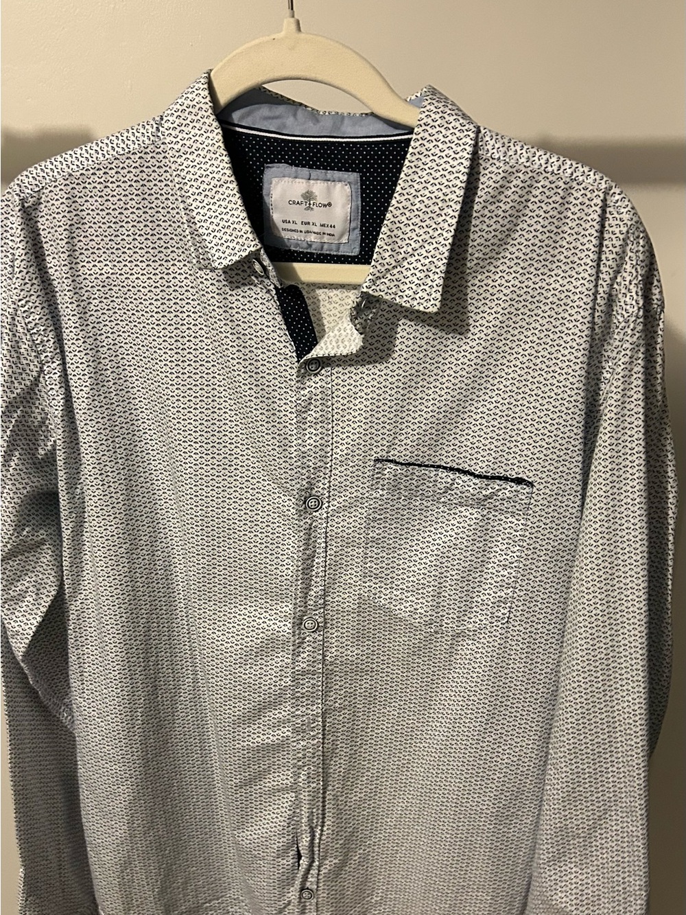 Craft + Flow White Button-Down Shirt with Navy Micro-Pattern